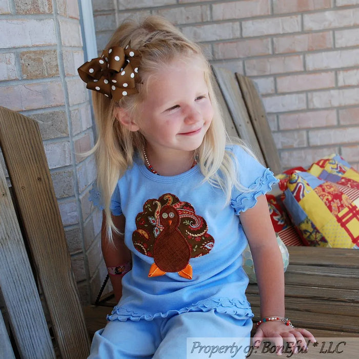 Boutique Girls Size 4/5 Blue Turkey Thanksgiving Fall S/S T-Shirt Top & Bow