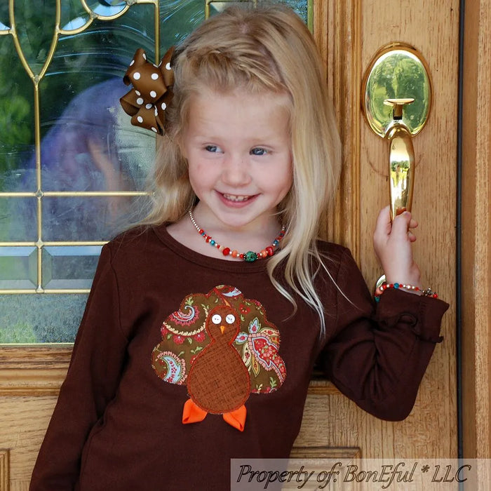 Boutique Girls Outfit Size 4 Thanksgiving Turkey Applique Brown L/S Shirt Top