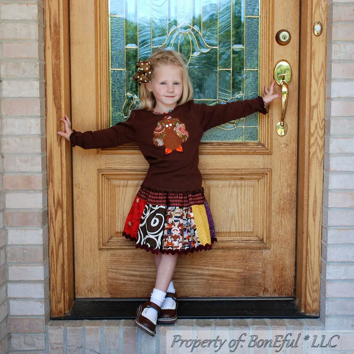 Boutique Girls Size 4 4T Thanksgiving Twirl Skirt & Turkey Applique Top
