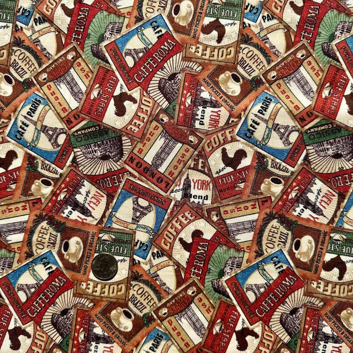 Cotton Fabric BTY Brown Coffee Hot Drink Cafe Beverage Rooster Farm