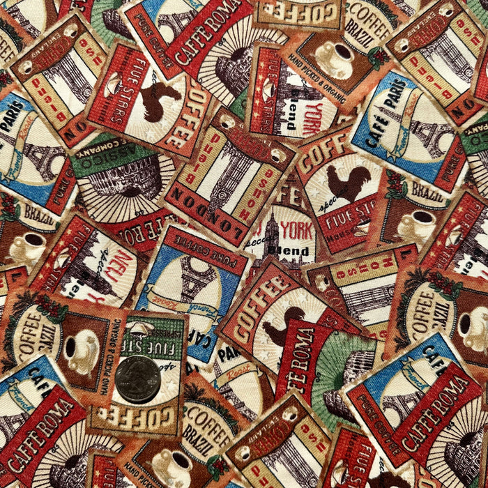 Cotton Fabric BTY Brown Coffee Hot Drink Cafe Beverage Rooster Farm