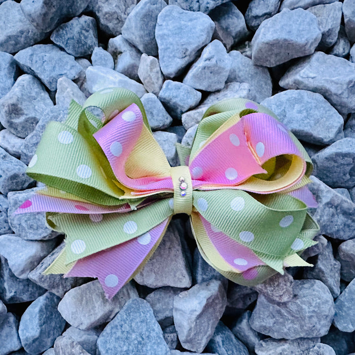 Bow 5.5" Girls Hair Ribbon Pink Green Yellow White Dot Crystals