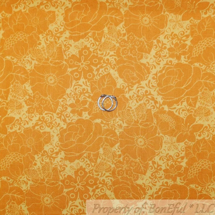 Cotton Fabric BTY Flower Rose Yellow Orange Butterfly Calico Blender
