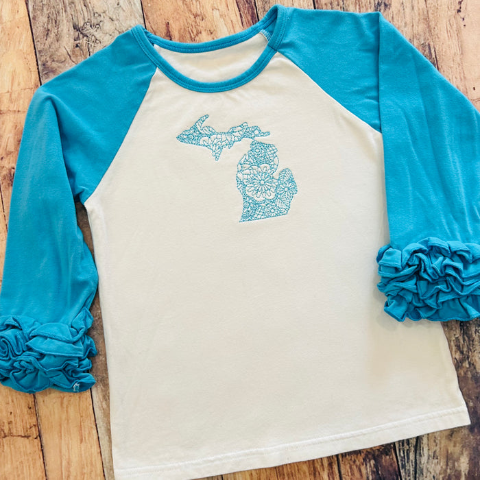 Boutique Ruffle Girl 4 Top Blue White Michigan Embroidered