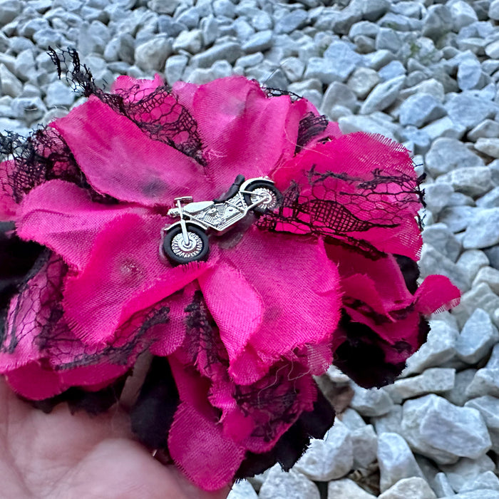 Bow 4.5" Girls Hair Clip Black Lace Hot Pink Flower Motorcycle