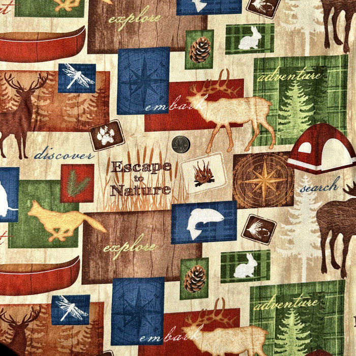 Cotton Fabric BTY Brown Animal Elk Deer Tent Camping Canoe Cabin Print