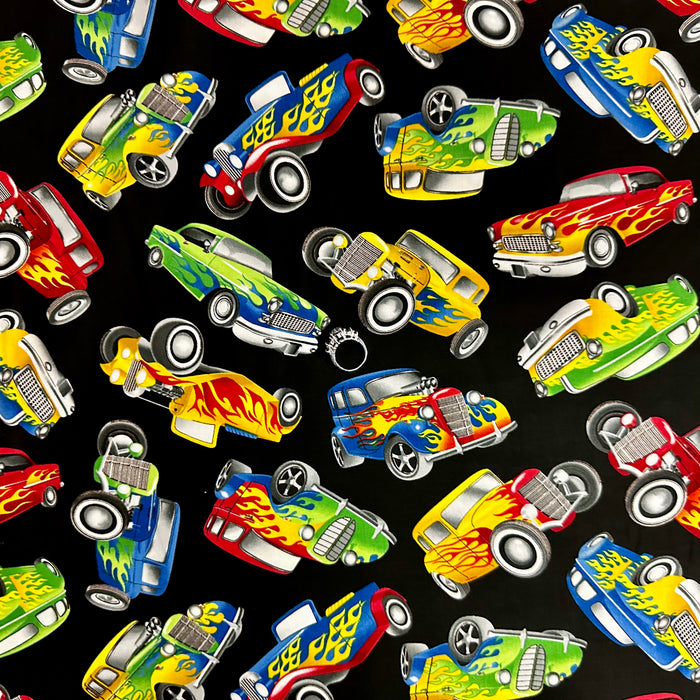 Cotton Fabric BTY Cars Painted Flame Hot Rod Old Antique