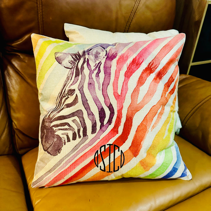 Pillow Cover 18” Decor Square Zebra Rainbow Paint Stripe