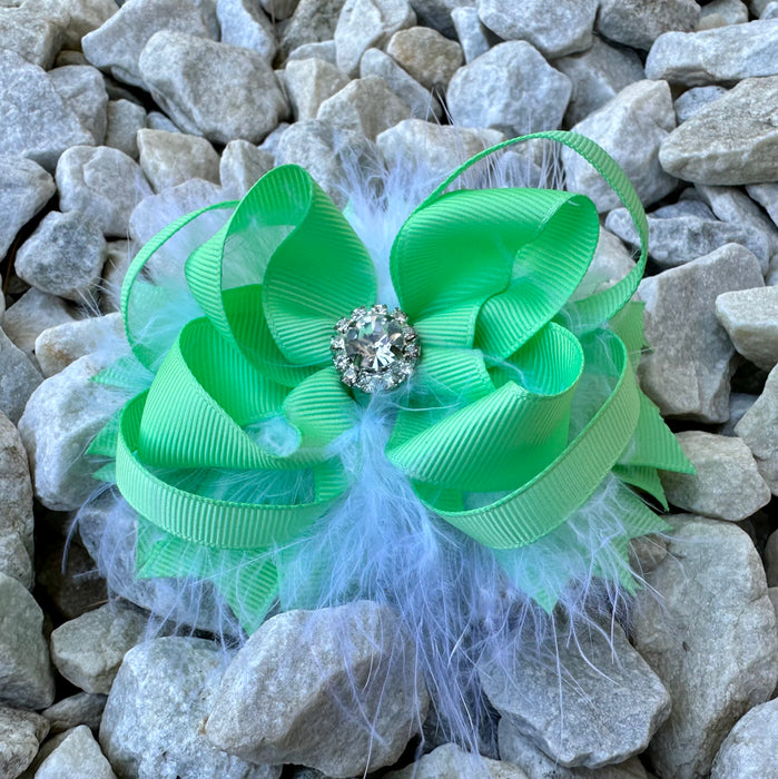 Bow 4.5" Green White Feather Jewel Girls Hair Bling