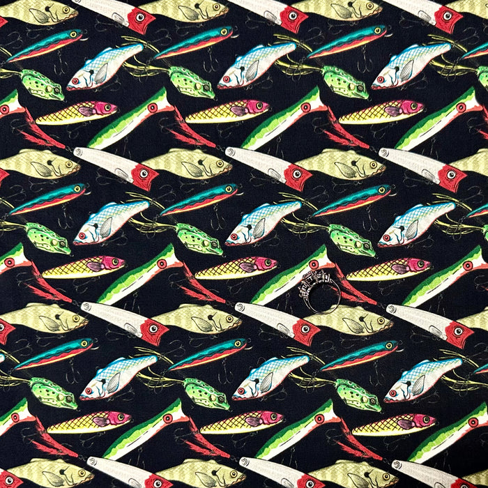 Cotton Fabric BTY Black Fishing Lures Hook Bait Frog Striped