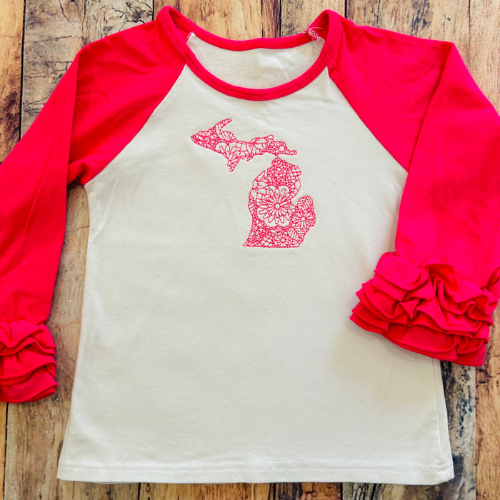 Boutique Ruffle Girl Top 3 Pink White Michigan Embroidered