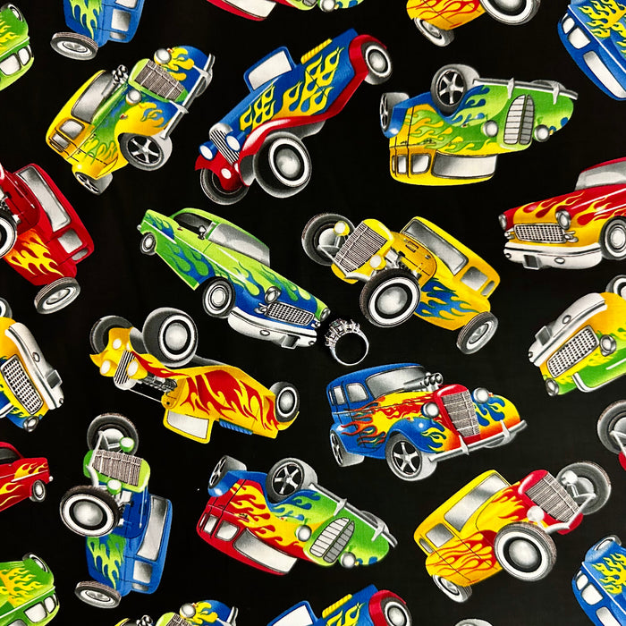 Cotton Fabric BTY Cars Painted Flame Hot Rod Old Antique