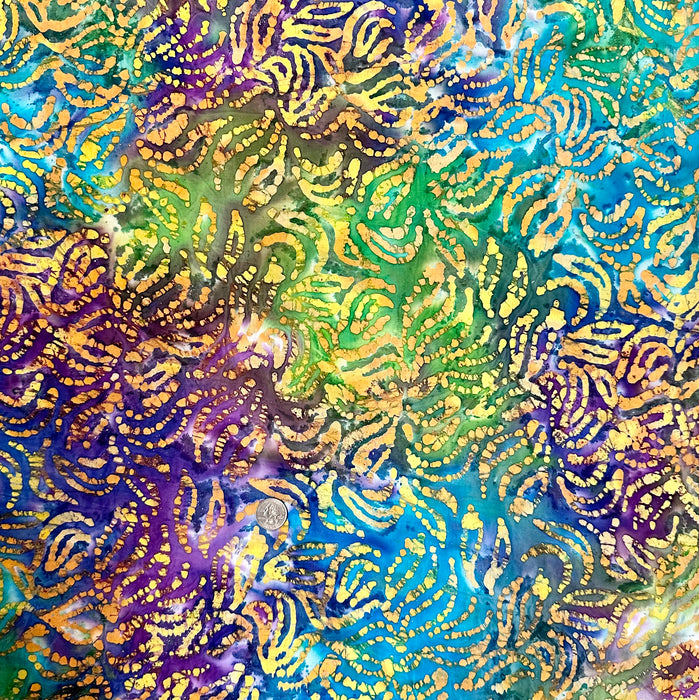 Cotton Fabric BTY Batik Colorful Blue Tone Tonal Green Leaf Natural Art Allover