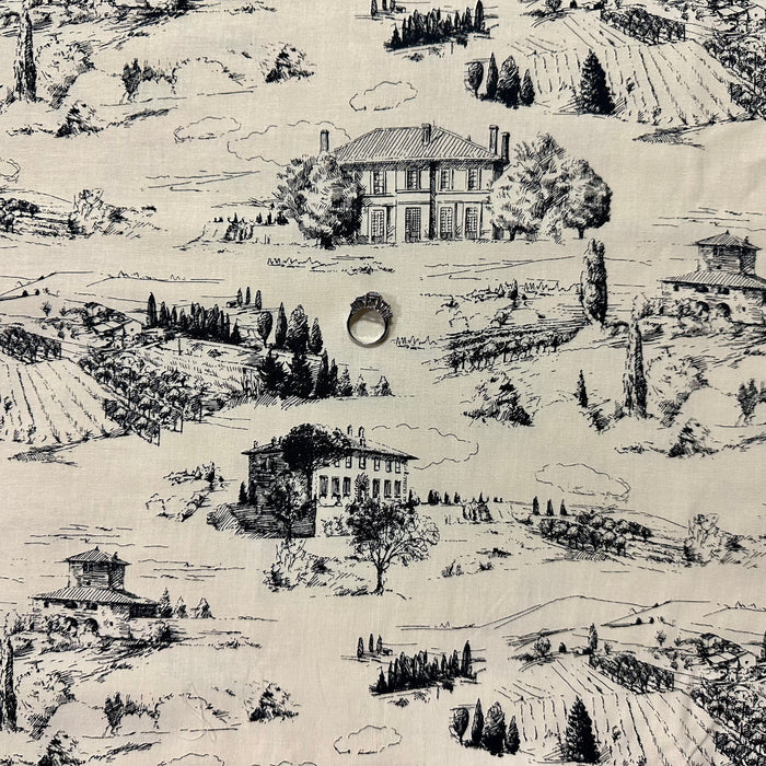 Cotton Fabric BTY Vineyard Country Homes Scenic Farm B&W