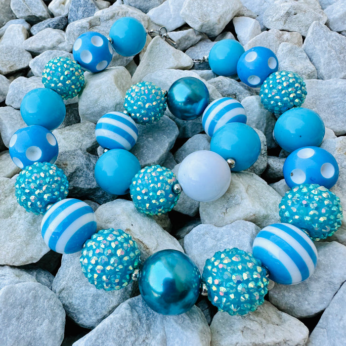 Necklace Bracelet Set Aqua Blue Chunky Bubblegum Beads Girl