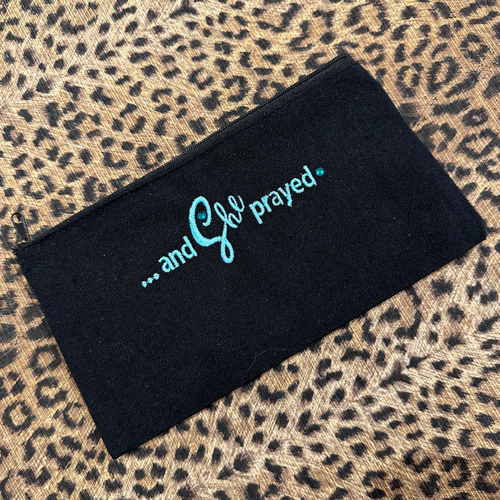 Custom Embroidered Teal Zipper Pouch Bag She Prayed