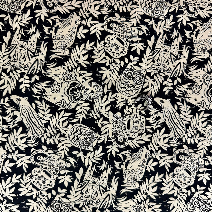 Cotton Fabric BTY Jungle Animal Leaf Folk Art Black Tan Print