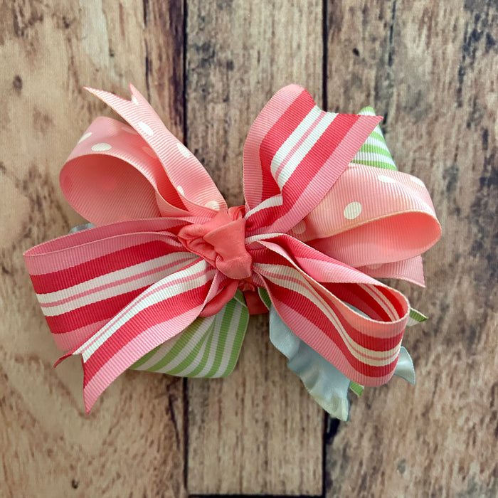Bow 5.5" Pink Green White Ribbon Hair Summer Fancy