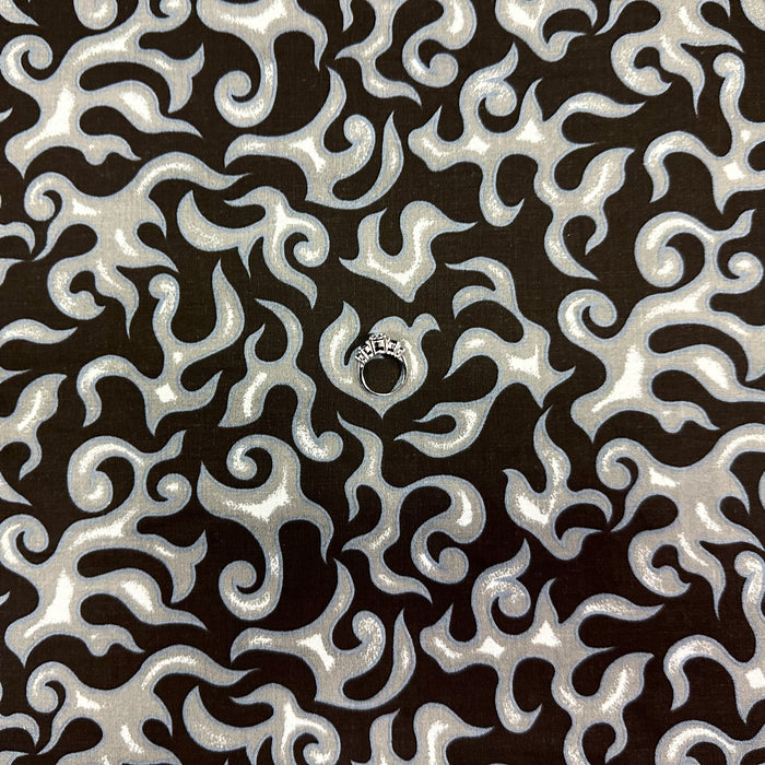 Cotton Fabric BTY Fire Flame Hot Black Gray B&W