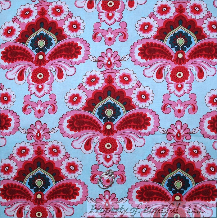 Cotton Fabric BTY Pink Red Blue White Flower Damask Belle Duck Egg Amy Butler