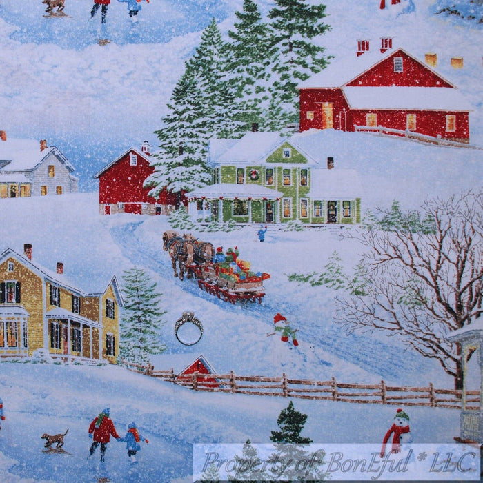 Cotton Fabric BTY Winter Scenic Tree Farm Country Church House Xmas