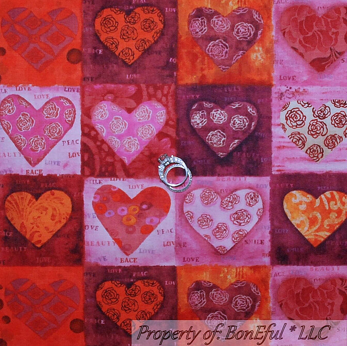 Cotton Fabric BTY Red Pink Orange HEART Rose Flower Block Valentine