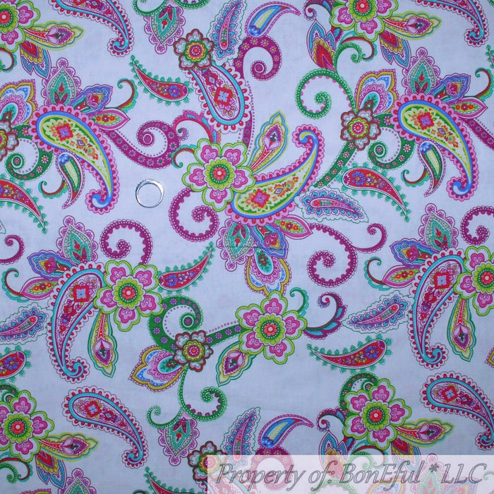 Cotton Fabric BTY White Pink Purple Bright Rainbow Flower Paisley