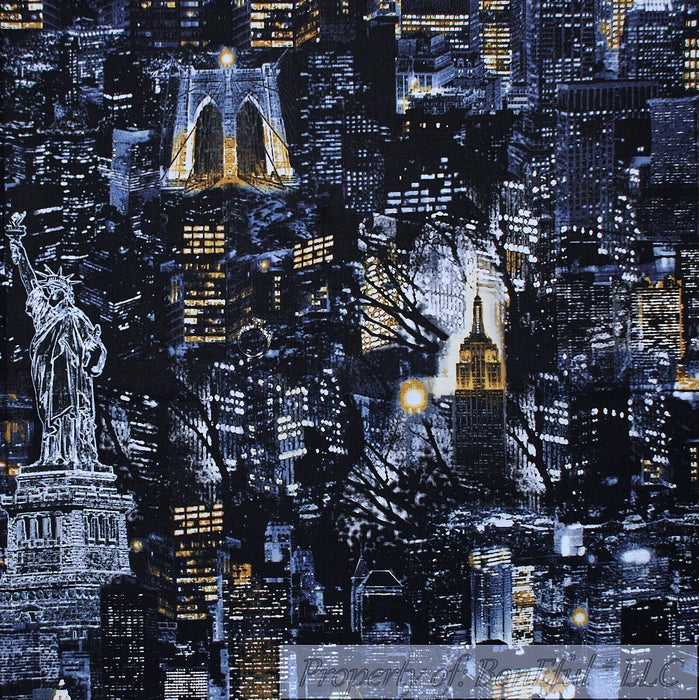 Cotton Fabric BTY Black Dark Night Gold NYC City Light Statue of Liberty