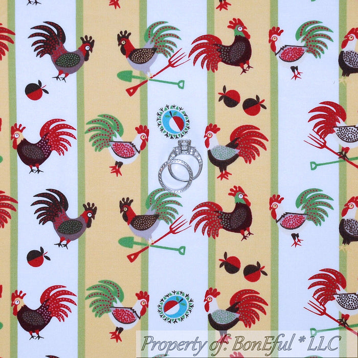 Cotton Fabric BTY Yellow White Red Green Rooster Chicken Kitchen Stripe