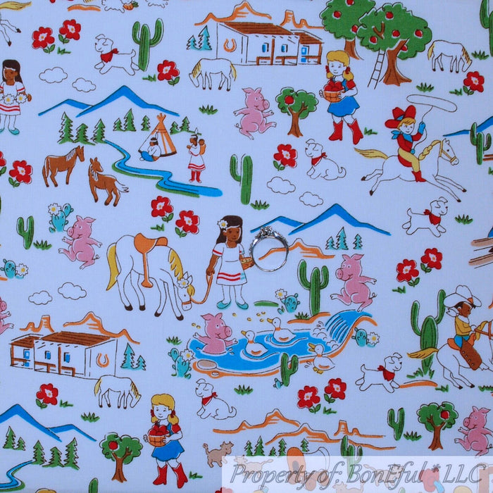 Cotton Fabric BTY White VTG Cowboy Horse Scenic Farm Indian Kid USA