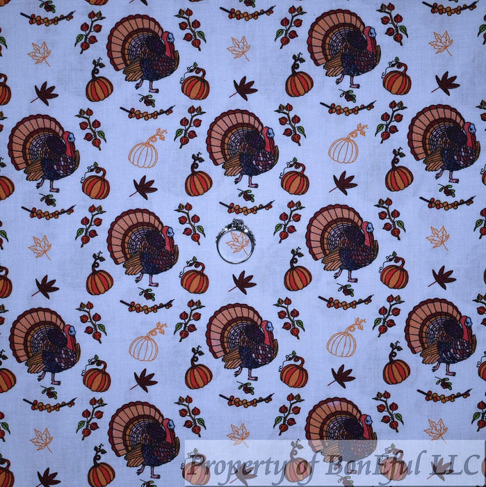 Cotton Fabric BTY White Brown Turkey Bird Pumpkin Pie Holiday Thanksgiving