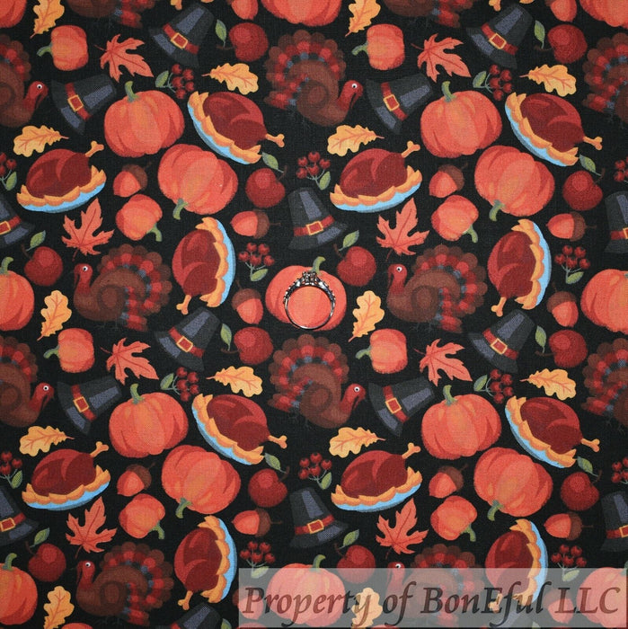 Cotton Fabric BTY Black Red Orange Pumpkin Fall Leaf Brown Turkey