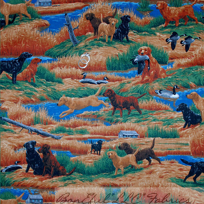Cotton Fabric BTY Dog Labrador Retriever Hunting Water Scenic