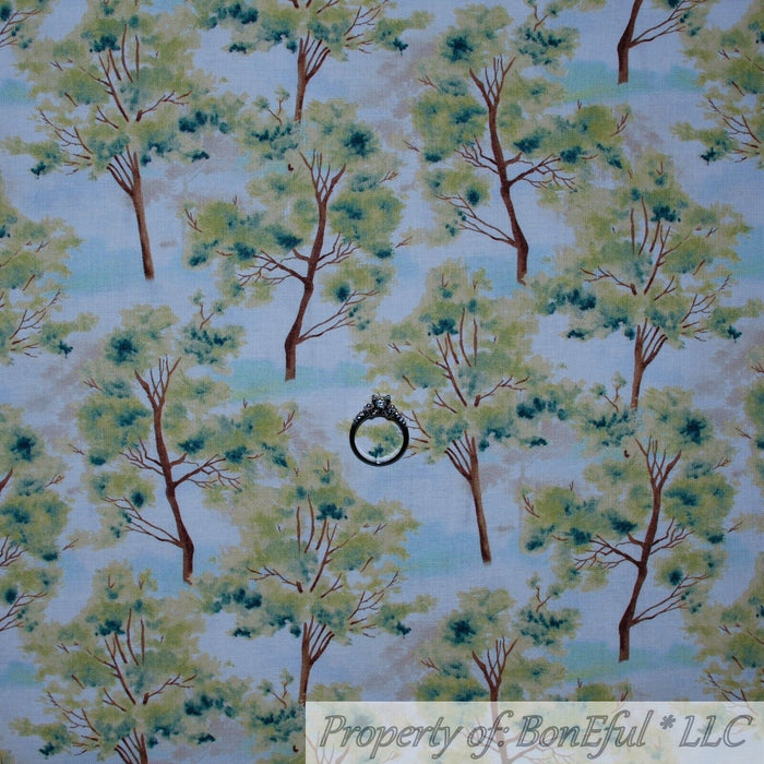 Cotton Fabric BTY Blue Sky Cloud Green Spring Summer Tree