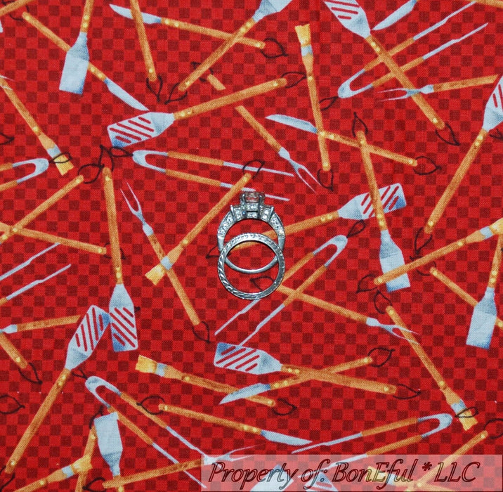 Cotton Fabric BTY Red Gingham Grill Chef Cook Food Tools