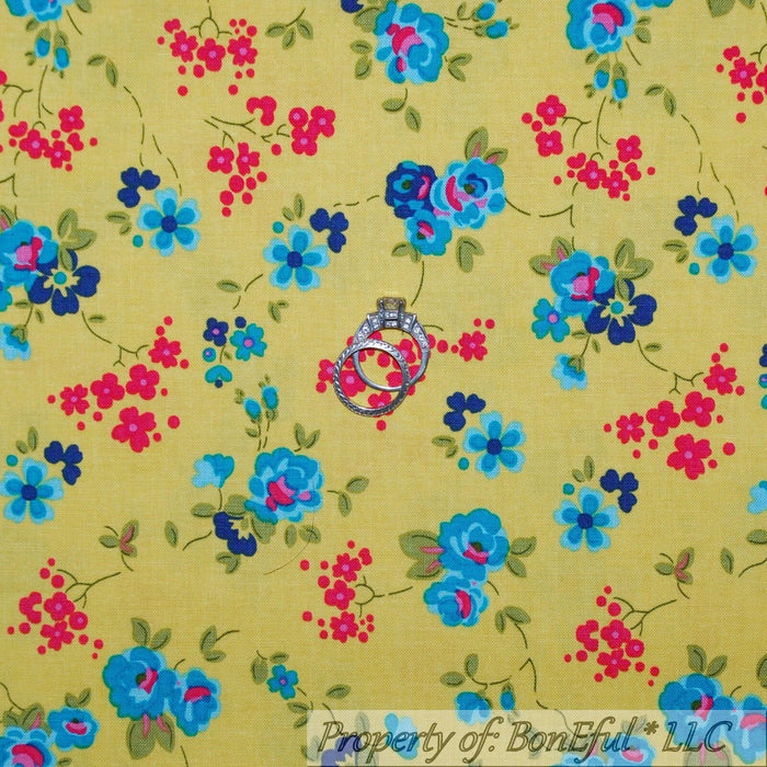 Cotton Fabric BTY Yellow Flower Bouquet Cottage Garden