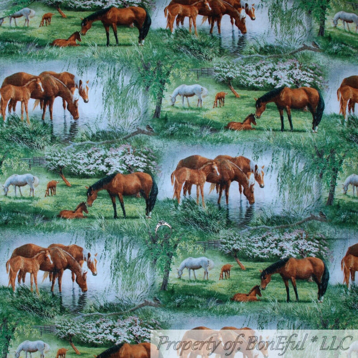 Cotton Fabric BTY Animal Horse Farm Pasture Scenic Meadow
