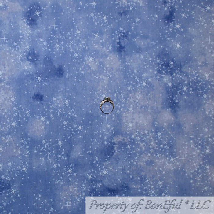 Cotton Fabric BTY Batik Tone Tonal Natural Art Blue White Star Metallic