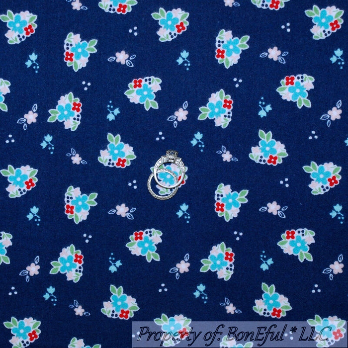 Flannel Fabric BTY Navy Blue American USA Country Calico Flower
