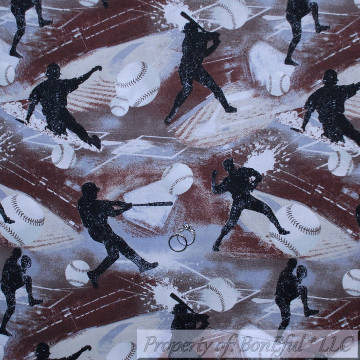 Cotton Fabric BTY Brown Gray White Baseball Ball Bat Sport