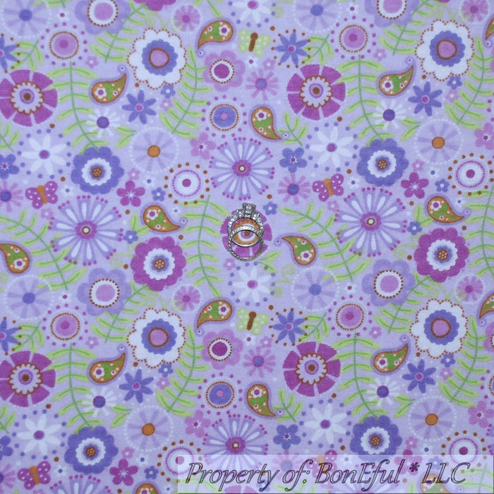 Flannel Fabric BTY Purple White Floral Paisley Dot Print