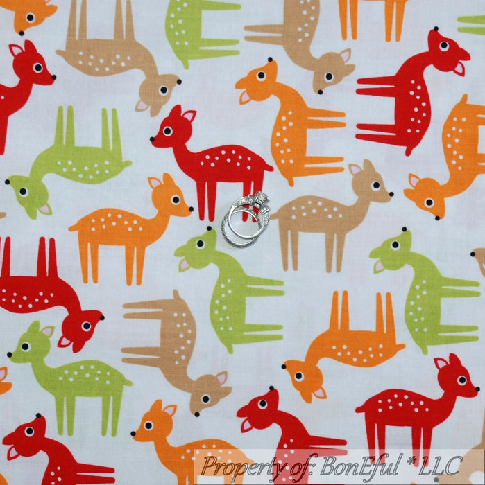Cotton Fabric BTY White Red Orange Brown DEER Baby Kid Cartoon Art