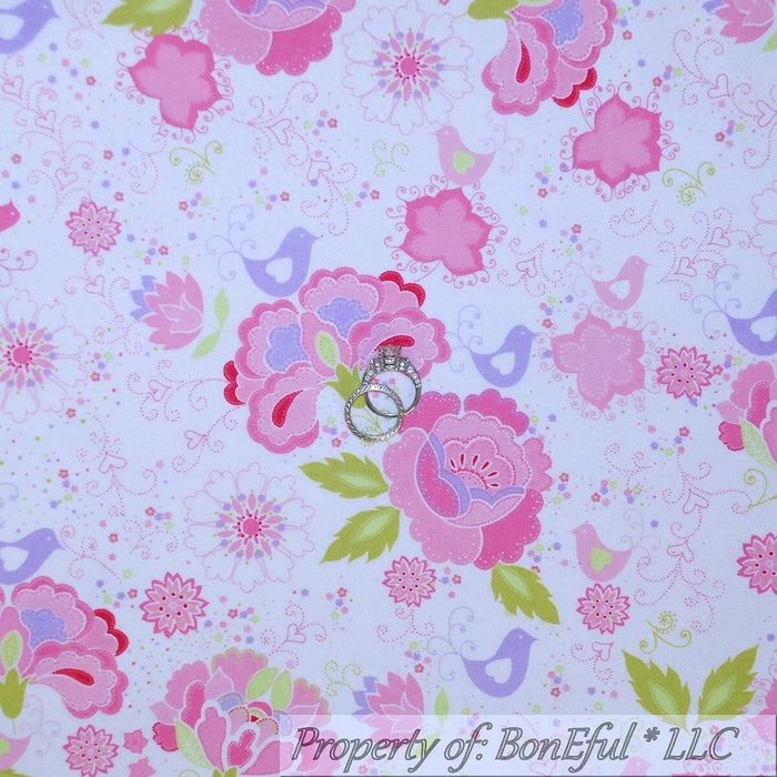 Flannel Fabric BTY White Pink Purple Love Bird Flower Garden