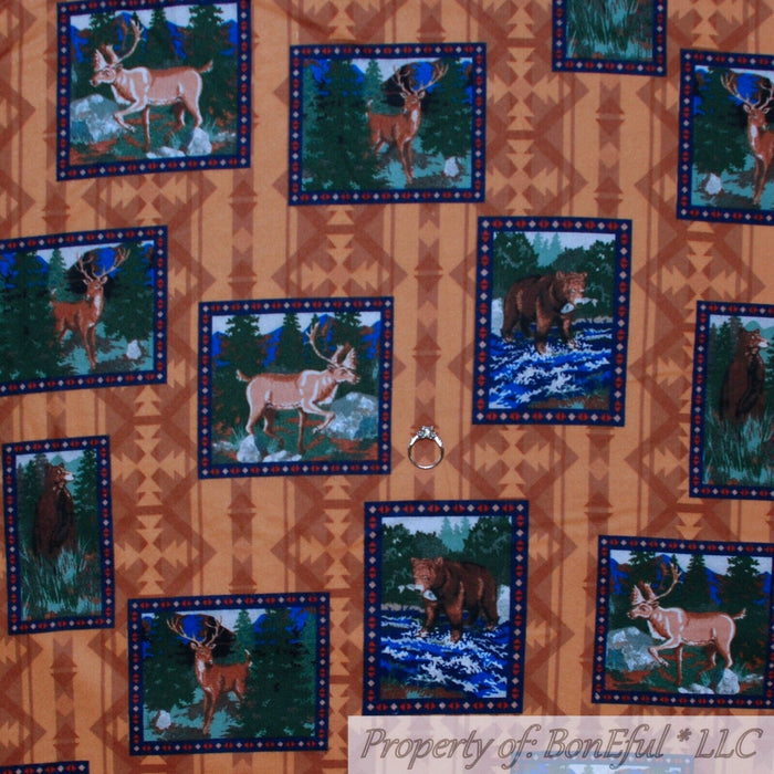Flannel Fabric BTY Brown Block Deer Buck Bear Log Cabin Wood