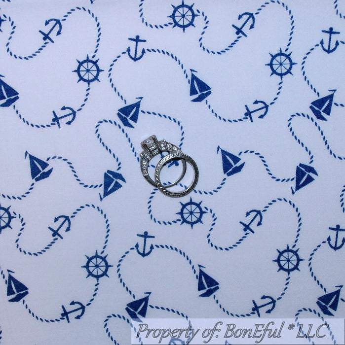 Cotton Fabric BTY Boat Sail White Blue Nautical Rope Beach