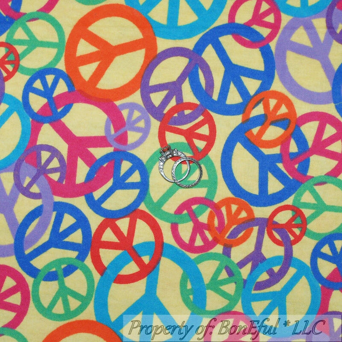 Flannel Fabric BTY Yellow Rainbow Retro Peace Signs Colorful