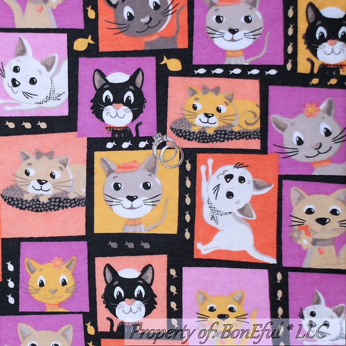 Flannel Fabric BTY Bright Color Kitty Cat Face Pet Fish Block