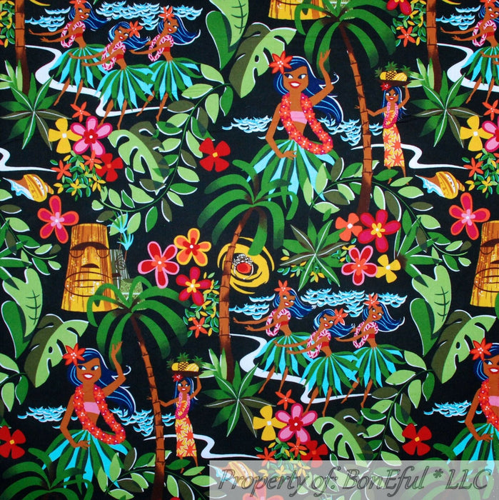 Cotton Fabric HY Black Rainbow VTG Hawaiian Flower Scenic Luau Girl Beach