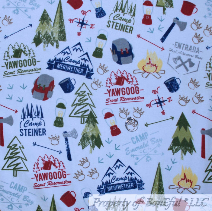 Flannel Fabric BTY White Green Tree Camp Fire Mountain Scenic