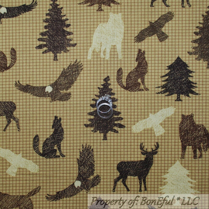 Cotton Fabric BTY Brown Check Log Cabin Tree Eagle Deer Bear Coyote